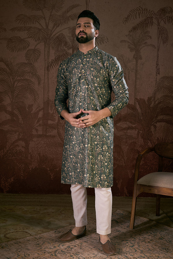 Olive Silk Blend Floral Printed Straight Kurta With Trouser MKSET1911