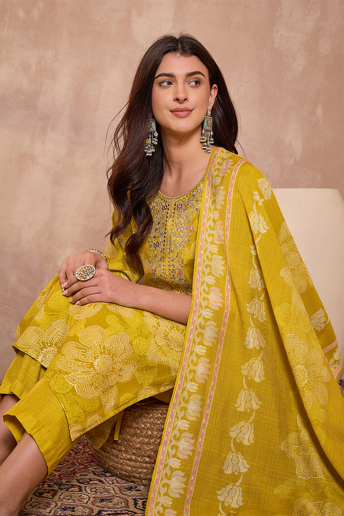 Yellow Poly Silk Floral Printed Straight Kurta Trouser With Dupatta VKSKD3209
