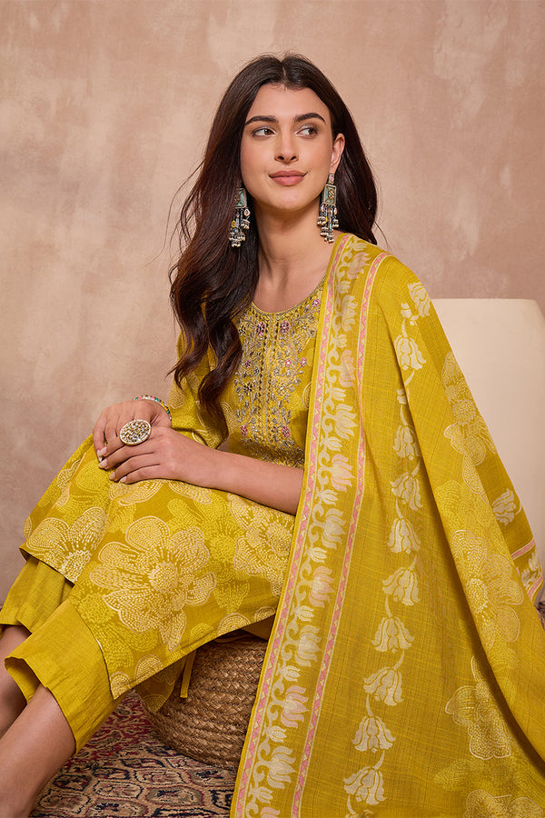 Yellow Poly Silk Floral Printed Straight Kurta Trouser With Dupatta VKSKD3209