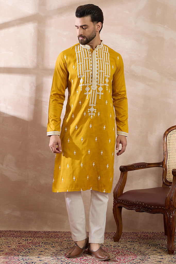 Yellow Silk Blend Embroidered Mandarin Collar Straight Kurta MKU1786
