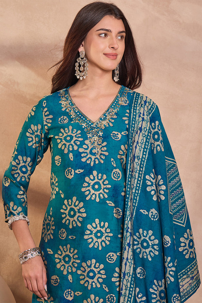Blue Cotton Blend Abstract Printed Straight Kurta Trouser With Dupatta VKSKD3212