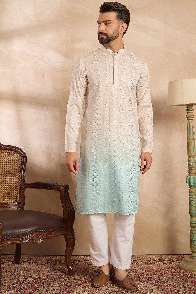 Blue Silk Blend Ombre Embroidered Straight Kurta Sets MKSET1721