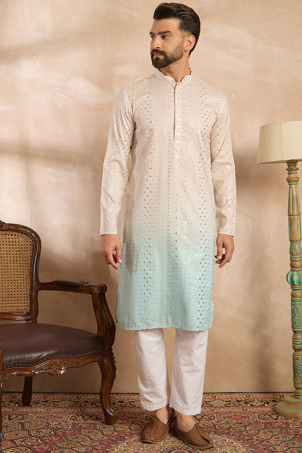 Blue Silk Blend Ombre Embroidered Straight Kurta Sets MKSET1721
