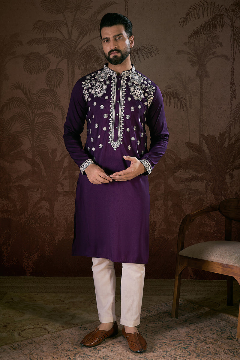 Purple Silk Blend Solid Embroidered Straight Kurta MKU1797