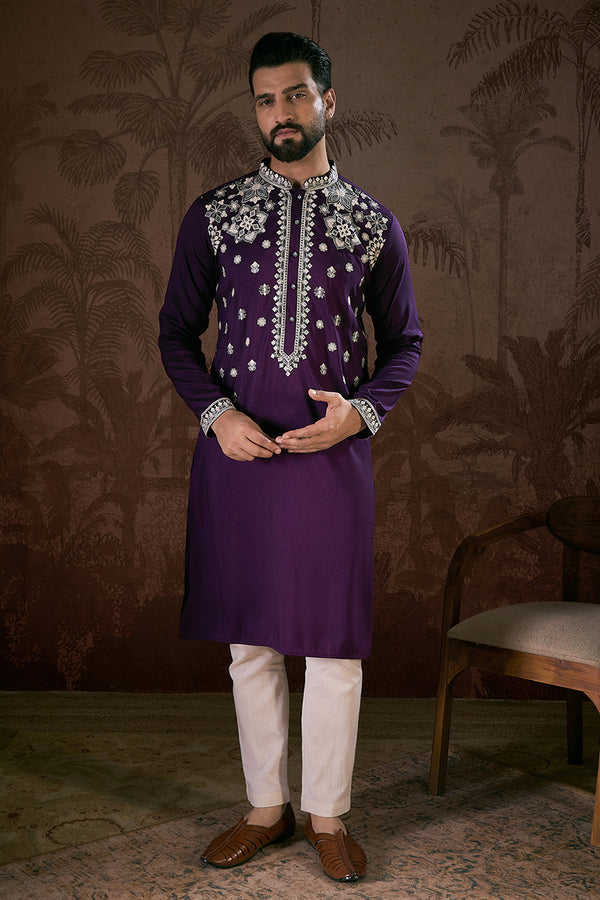 Purple Silk Blend Solid Embroidered Straight Kurta MKU1797