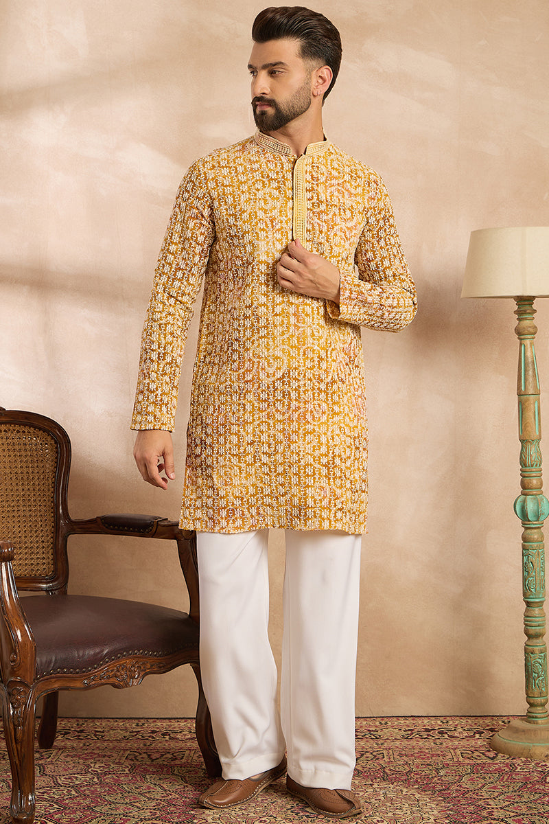 Yellow Viscose Rayon Batik Embroidered Straight Kurta With Trouser MKSET1656