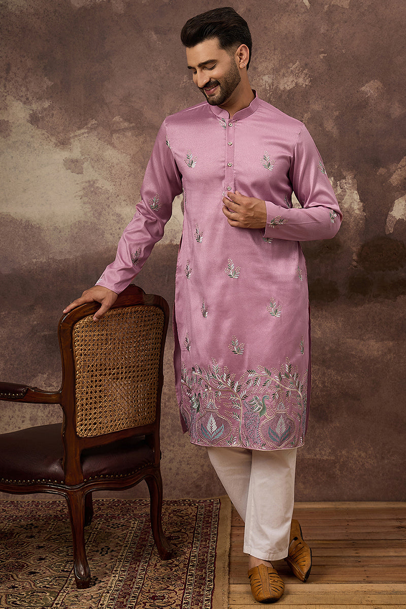 Pink Silk Blend Solid Embroidered Straight Kurta with Trouser MKSET1347