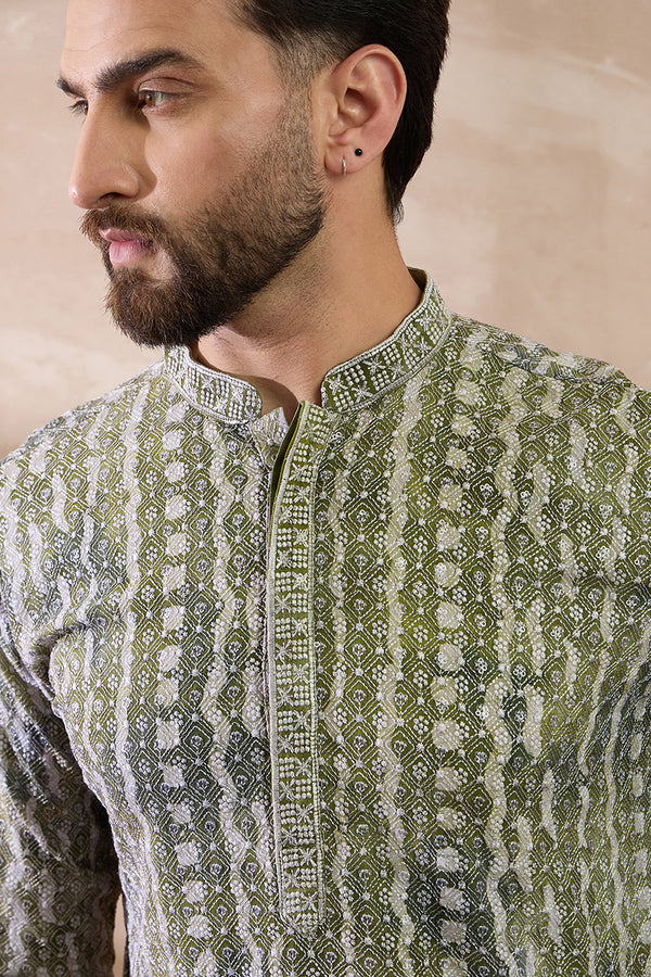 Green Silk Blend Printed Mandarin Collar Straight Kurta With Trouser MKSET1661