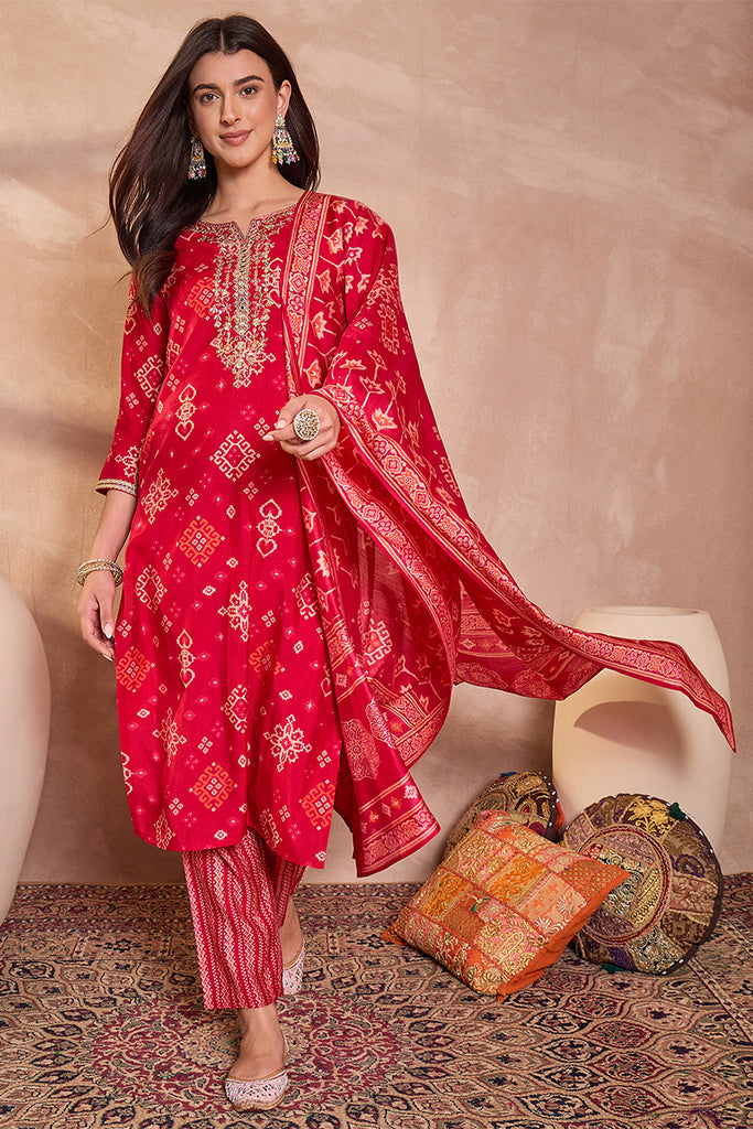 Pink Silk Blend Printed Ethnic Motifs Straight Kurta Set PKSKD3229
