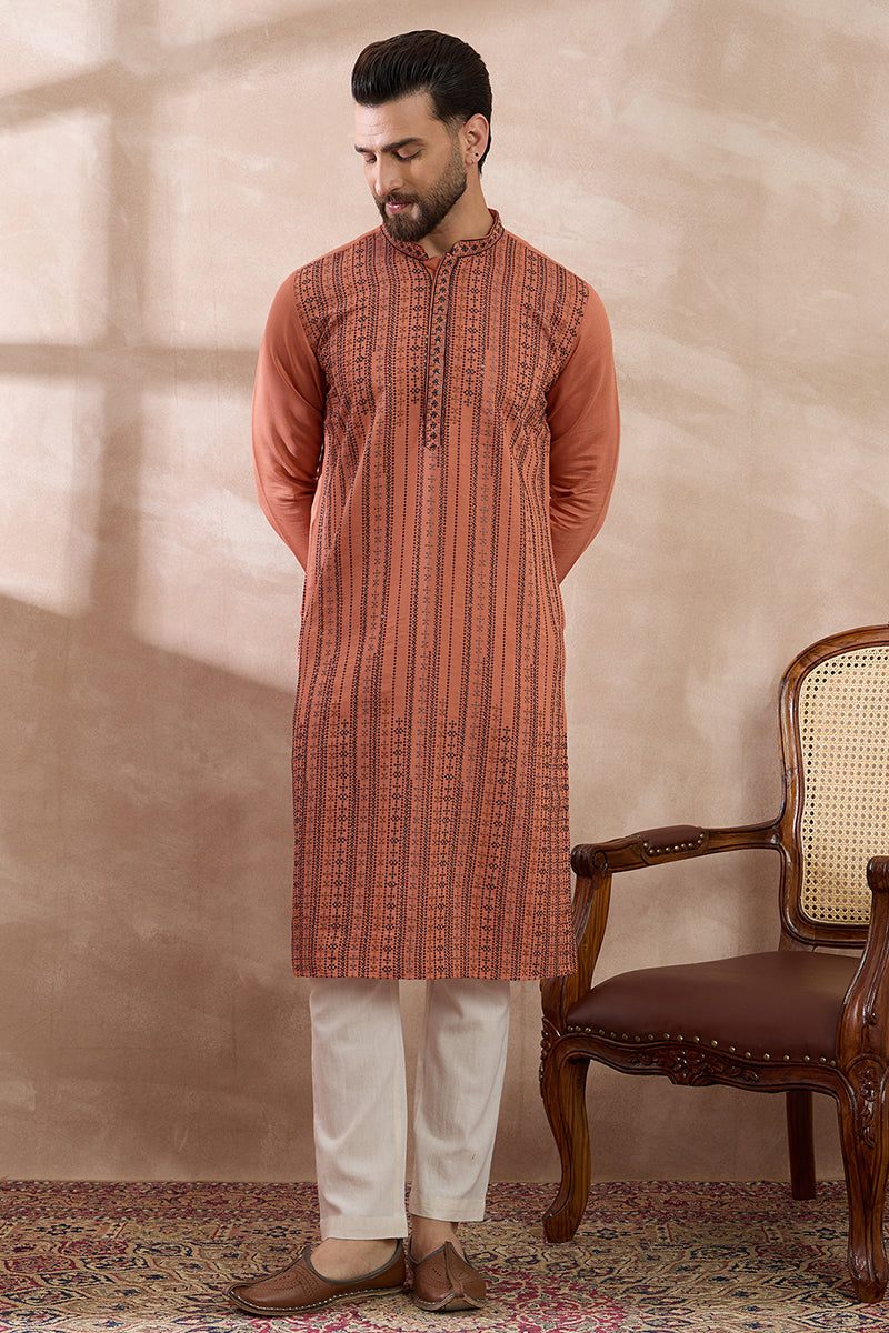 Orange Silk Blend Embroidered Mandarin Collar Straight Kurta With Trouser MKSET2043