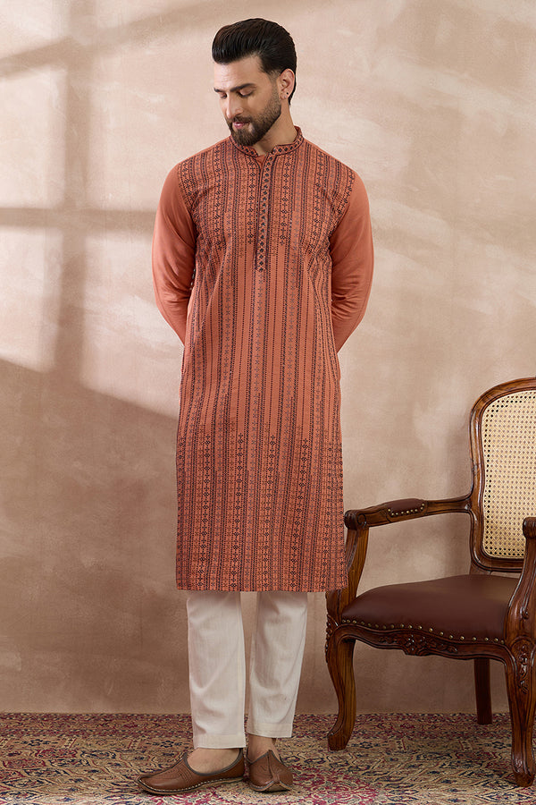 Orange Silk Blend Embroidered Mandarin Collar Straight Kurta With Trouser MKSET2043