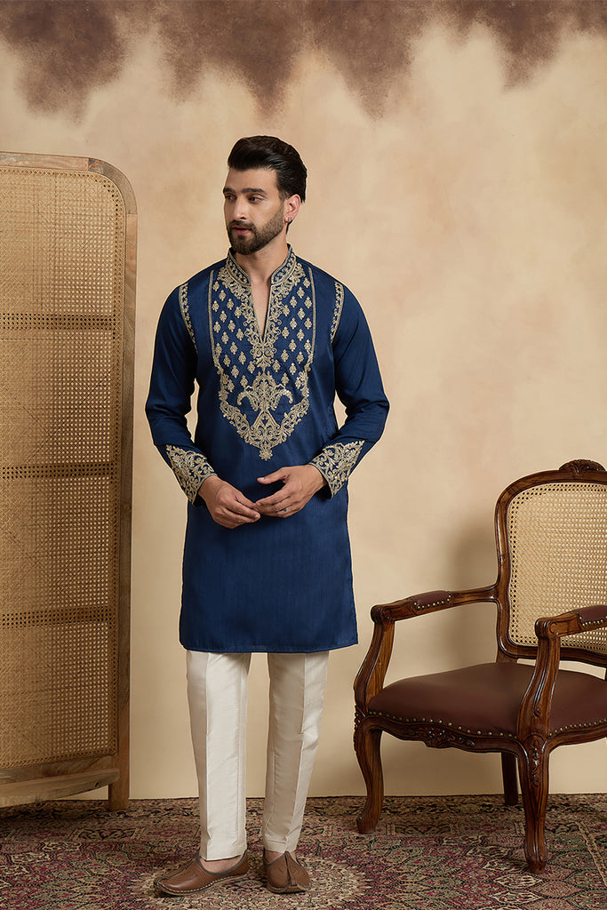 Blue Silk Blend Solid Embroidered Kurta With Trouser MKSET2448