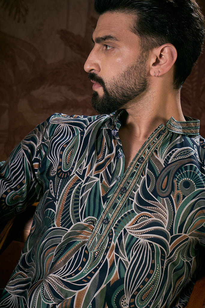 Navy Blue Silk Blend Abstract Printed Straight Kurta MKU1958