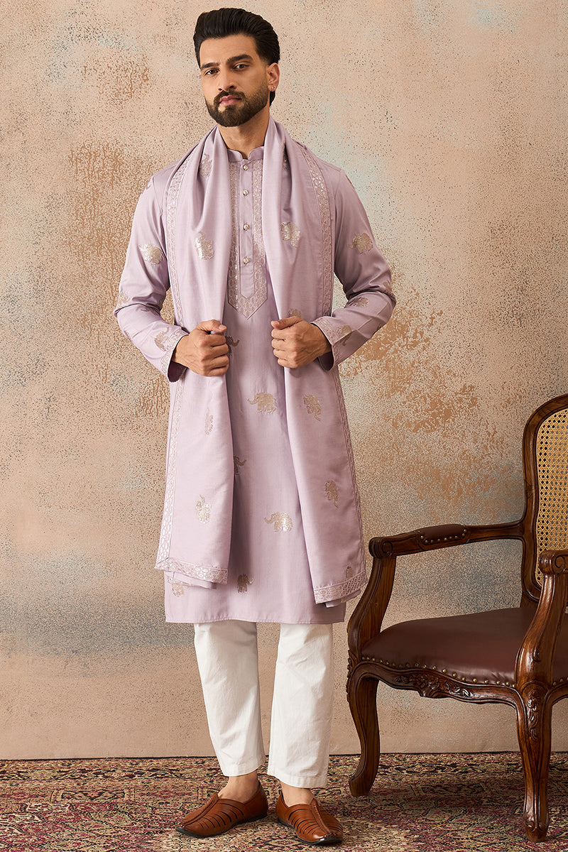 Lavender Silk Blend Solid Embroidered Kurta With Dupatta MKUD1050