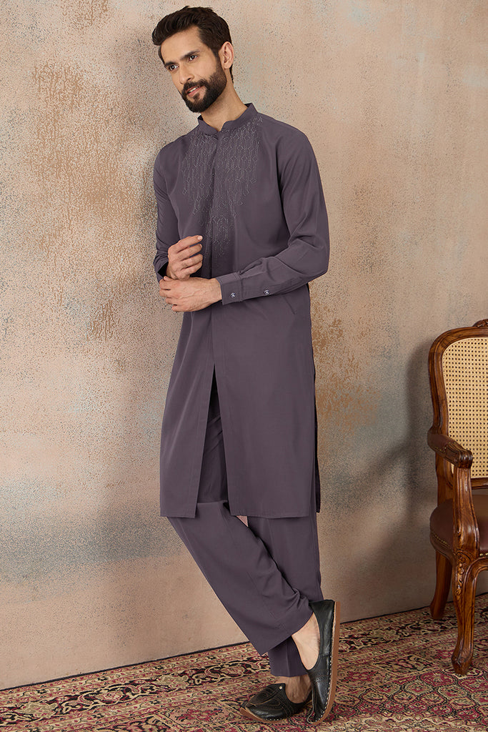 Grey Silk Blend Ethnic Motifs Printed Kurta With Trouser MKSET2393