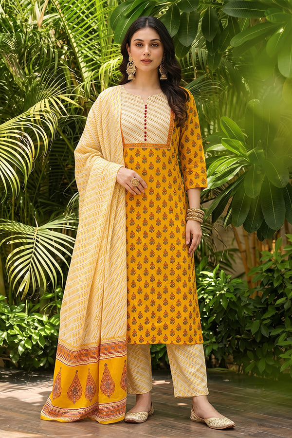 Yellow Rayon Blend Straight Suit Set VKSKD1042