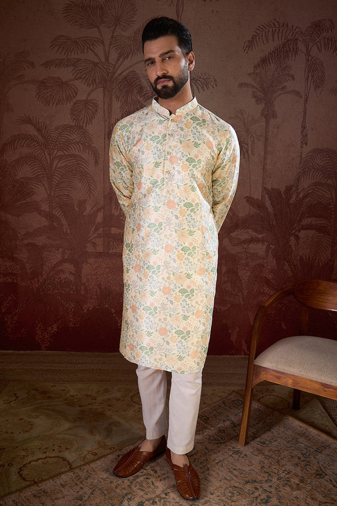 Off White Silk Blend Floral Printed Straight Kurta With Trouser MKSET1915