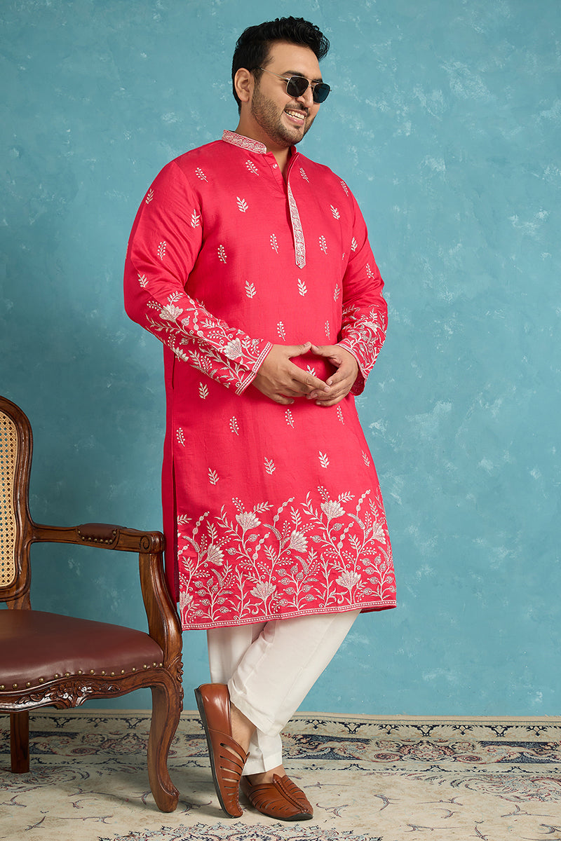 Pink Silk Blend Solid Thread Work Embroidered Kurta MKU1943