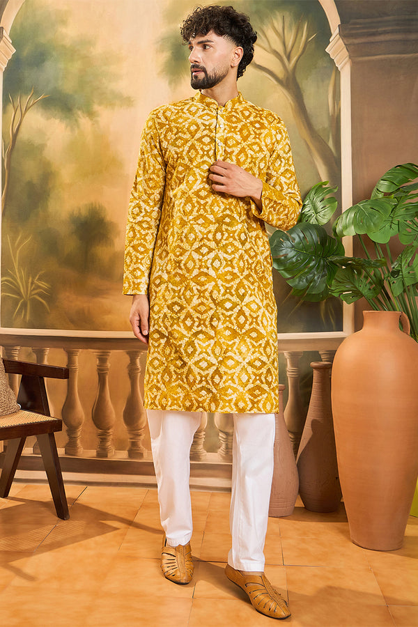 Yellow Pure Cotton Shibori Embroidered Straight Kurta with Trouser MKSET1462