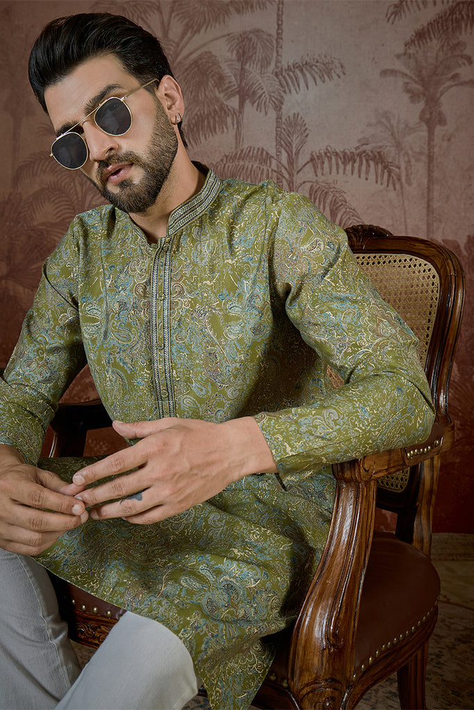 Green Silk Blend Ethnic Motifs Embroidered Kurta MKU2503