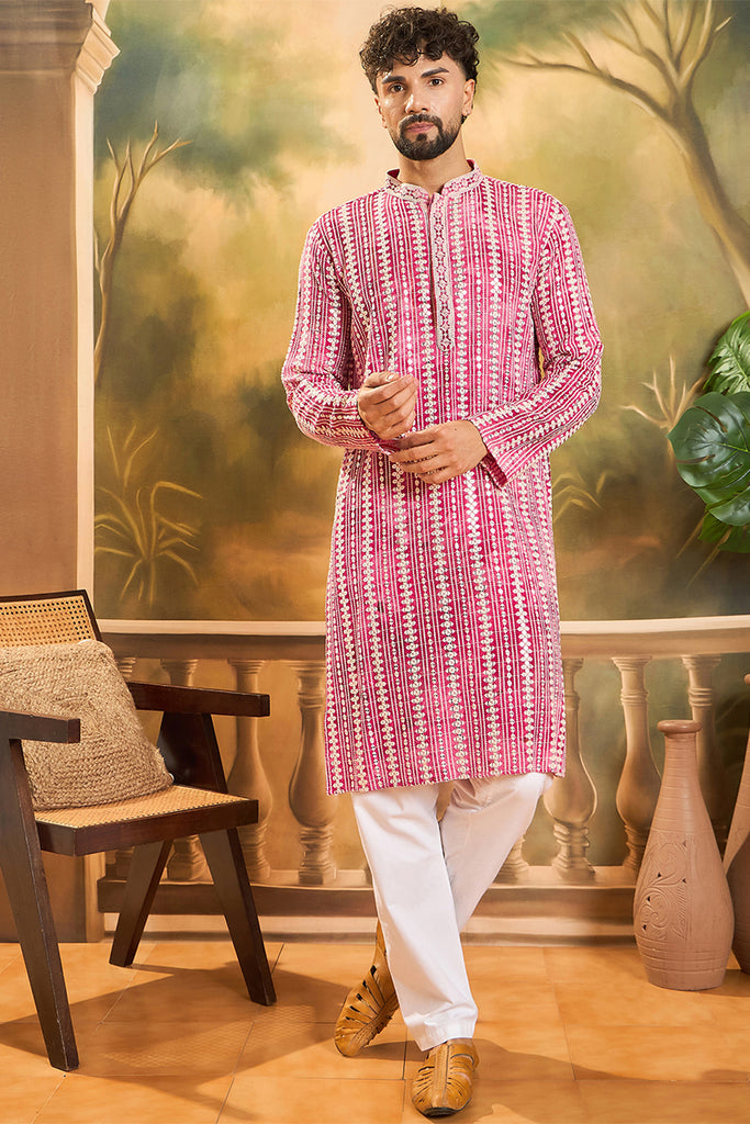Red Viscose Rayon Embroidered Kurta With Trousers MKSET1413