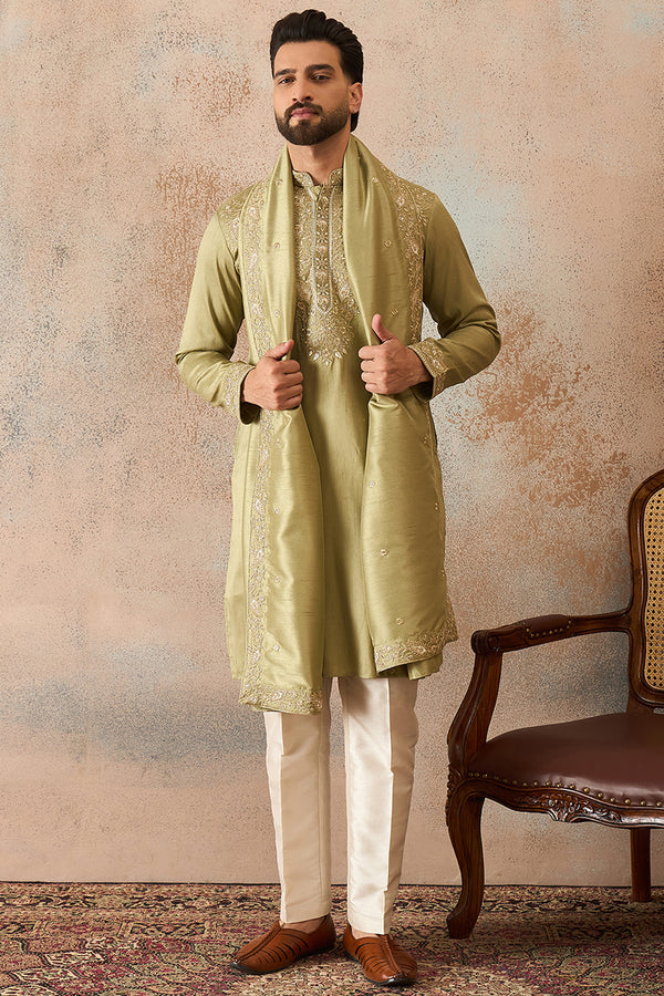Green Zari Embroidered Silk Blend Kurta with Dupatta MKUD1046