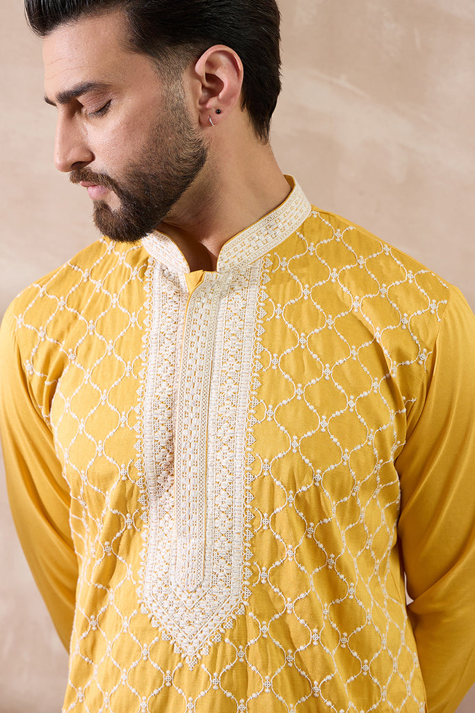 Yellow Silk Blend Embroidered Mandarin Collar Straight Kurta With Trouser MKSET1691