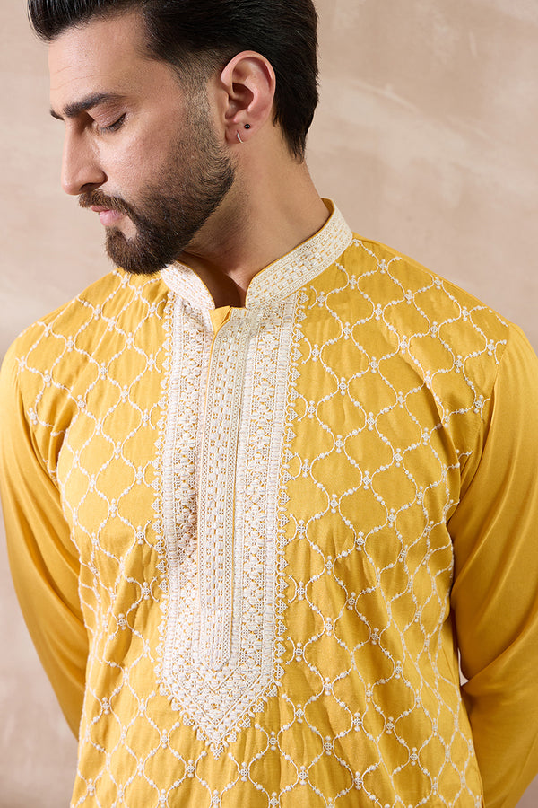 Yellow Silk Blend Embroidered Mandarin Collar Straight Kurta With Trouser MKSET1691