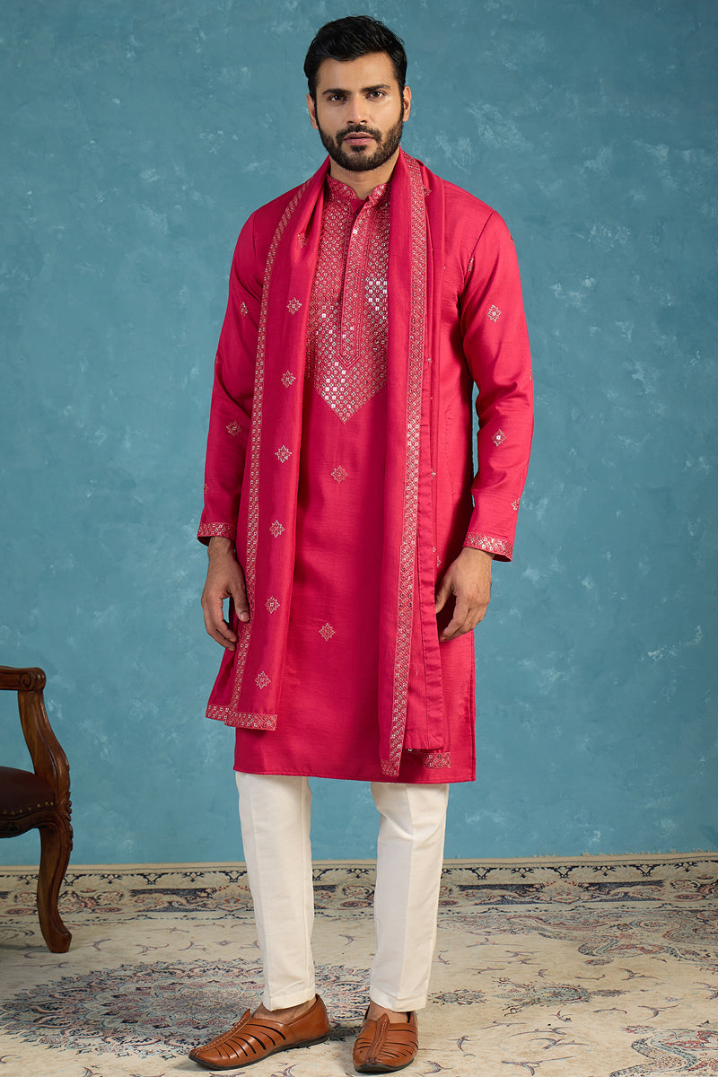 Pink Silk Blend Solid Embroidered Kurta With Dupatta MKUD1077