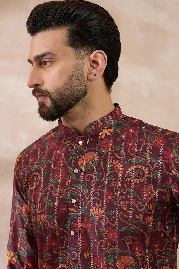 Maroon Silk Blend Printed Mandarin Collar Straight Kurta With Trouser MKSET2024