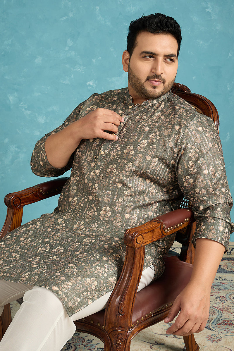 Olive Silk Blend Floral Printed Kurta MKU1911