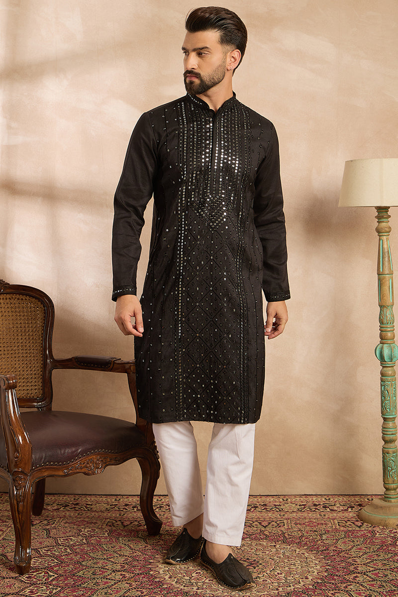 Black Silk Blend Geometric Embroidered Straight Kurta MKU1689