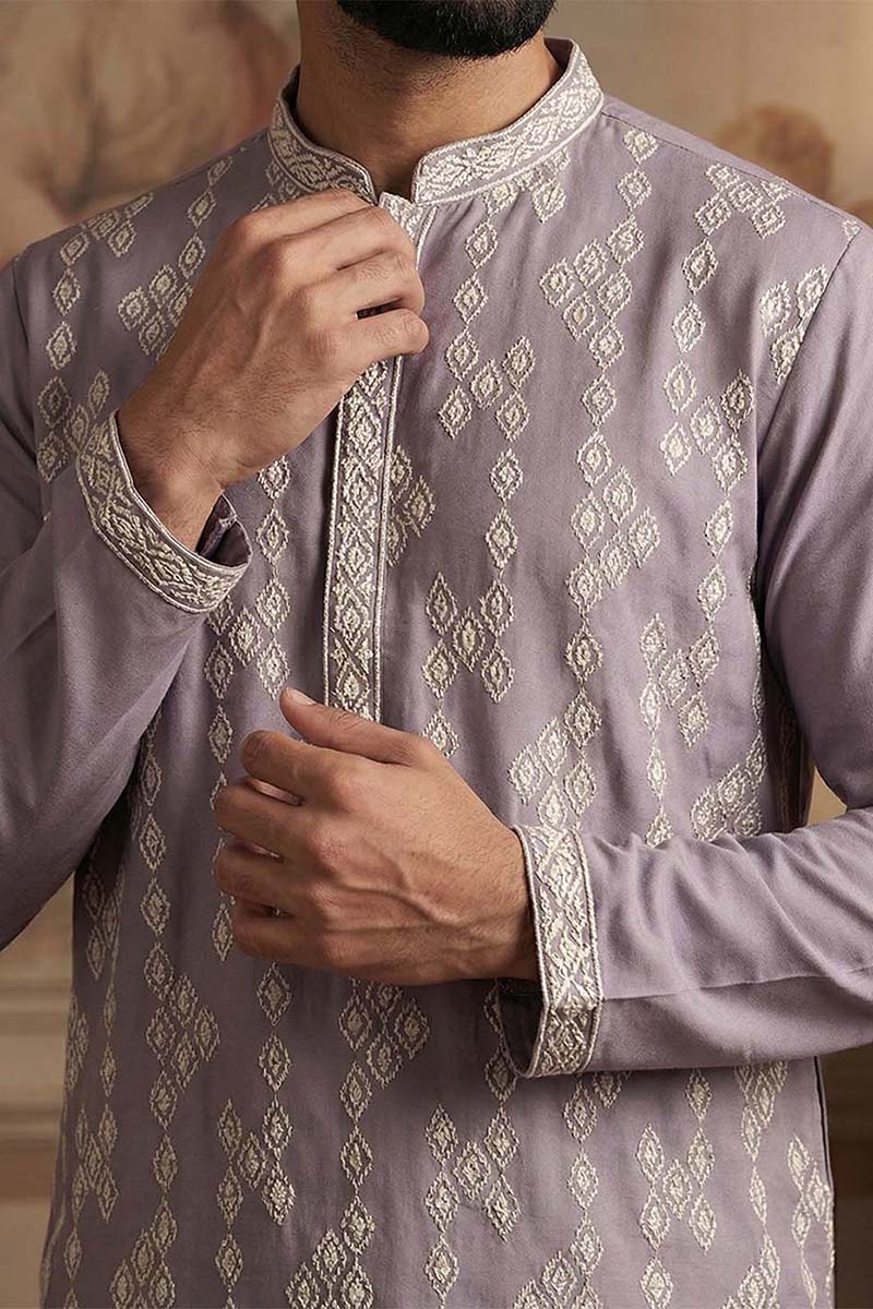 Silk Blend Lavender Solid Embroidered Calf Length Straight Kurta MKU2090