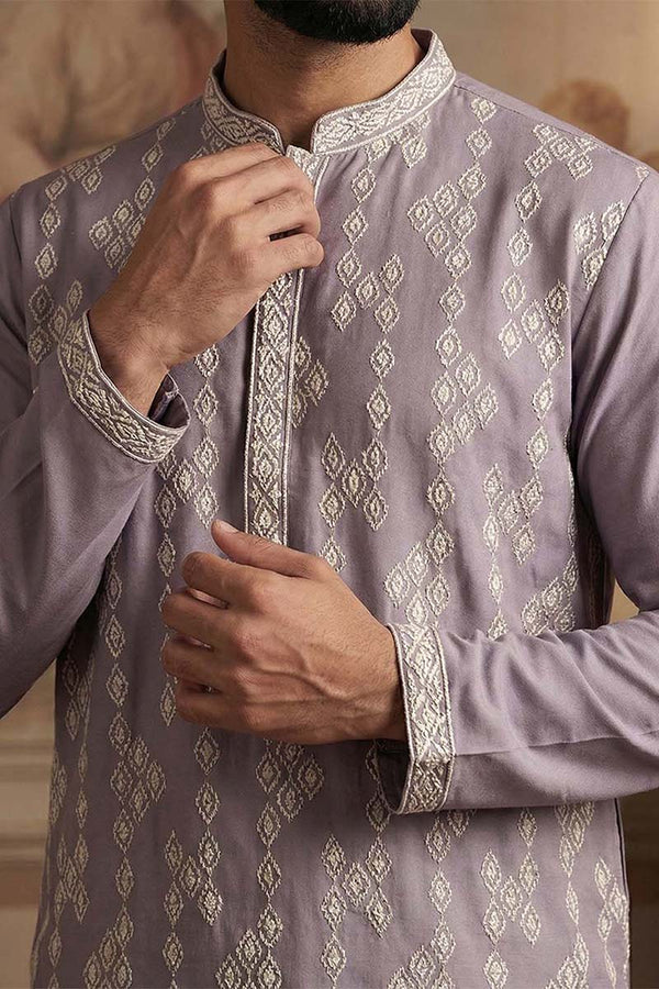 Silk Blend Lavender Solid Embroidered Calf Length Straight Kurta MKU2090