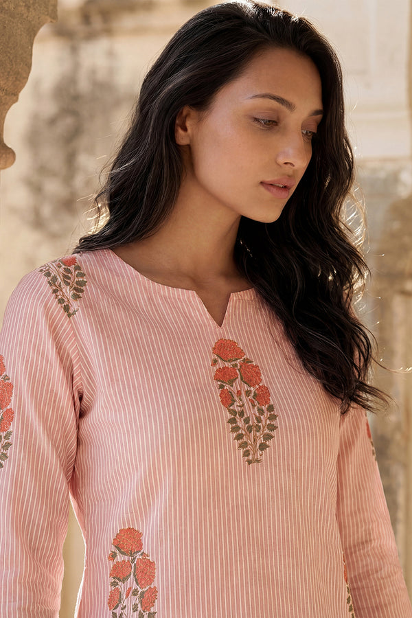 Peach Cotton Striped Night Suit VNWK1054