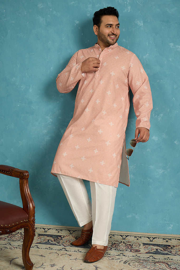 Peach Viscose Rayon Bandhani Thread Work Embroidered Kurta MKU1587