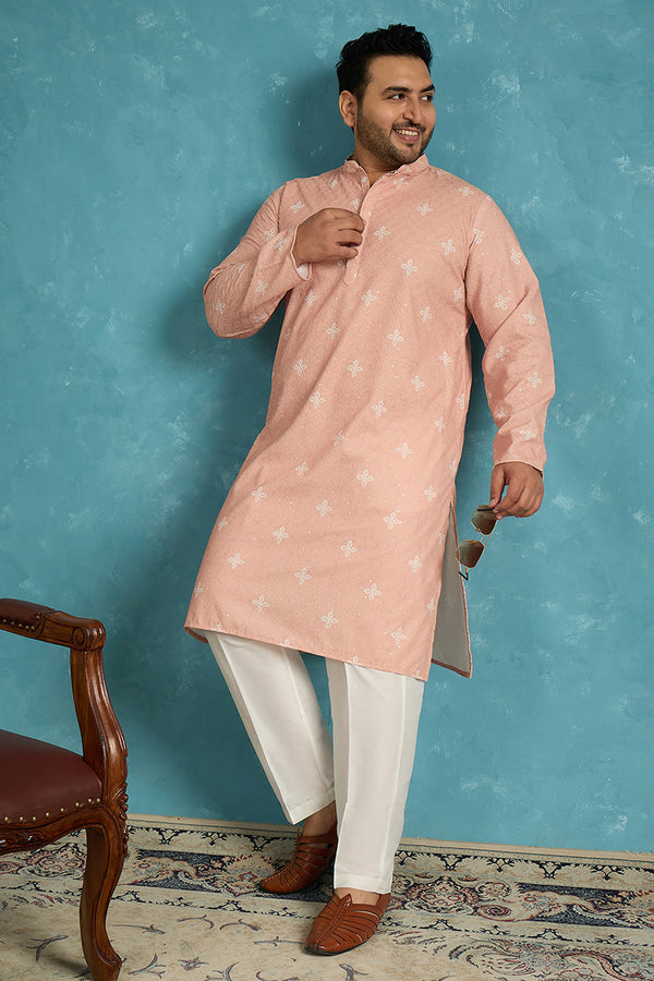 Peach Viscose Rayon Bandhani Thread Work Embroidered Kurta MKU1587