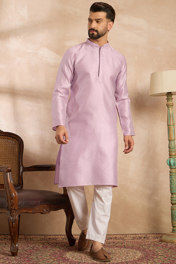 Lavender Polyester Solid Embroidered Straight Kurta With Trouser MKSET1736
