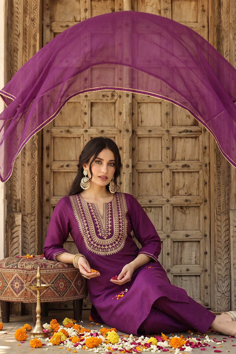 Silk Blend Purple Embroidered Straight Kurta Pant With Dupatta PKSKD1807