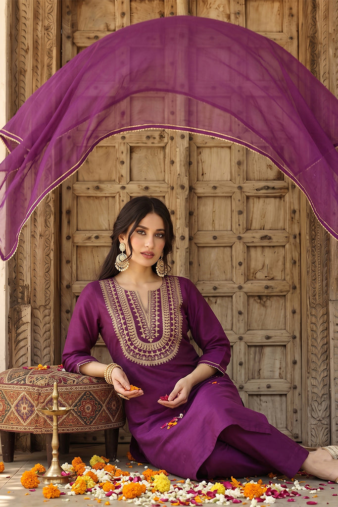 Silk Blend Purple Embroidered Straight Kurta Pant With Dupatta PKSKD1807