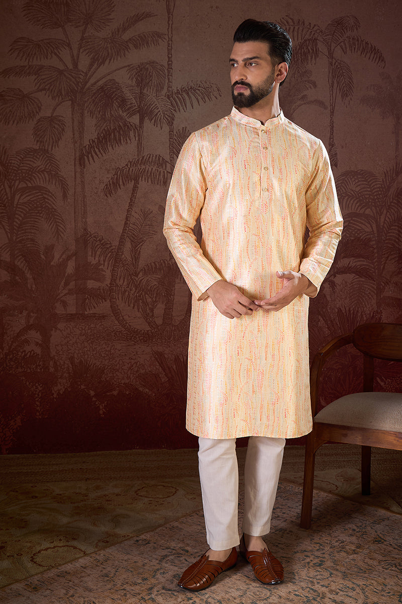 Cream Silk Blend Abstract Printed Straight Kurta With Trouser MKSET1907