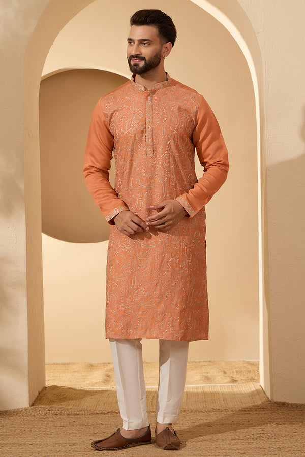 Orange Modal Embroidered Calf Length Straight Regular Kurta MKU2166