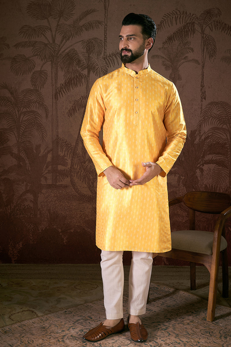 Yellow Silk Blend Ethnic Motifs Printed Straight Kurta With Trouser MKSET1952