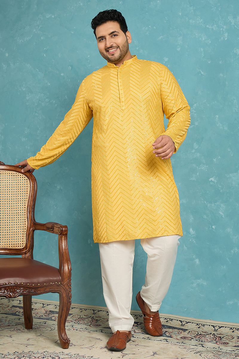Yellow Viscose Rayon Solid Thread Work Embroidered Kurta MKU1204