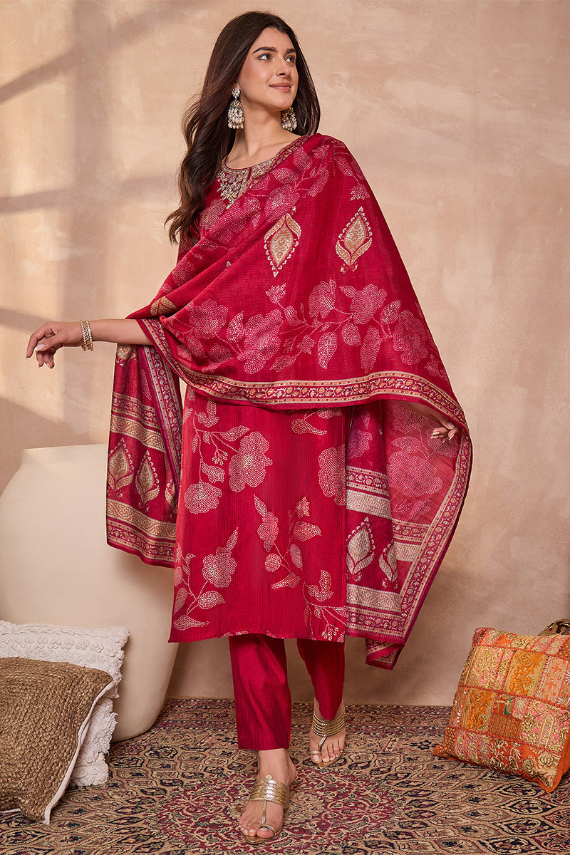 Pink Silk Blend Floral Printed Straight Kurta Trouser With Dupatta PKSKD3218