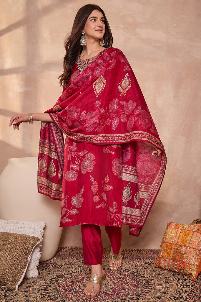 Pink Silk Blend Floral Printed Straight Kurta Trouser With Dupatta PKSKD3218