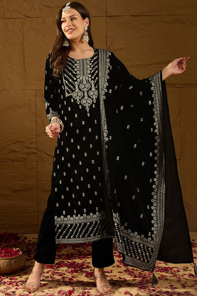 Black Velvet Ethnic Motifs Printed Straight Trousers Suit Set PKSKD2922