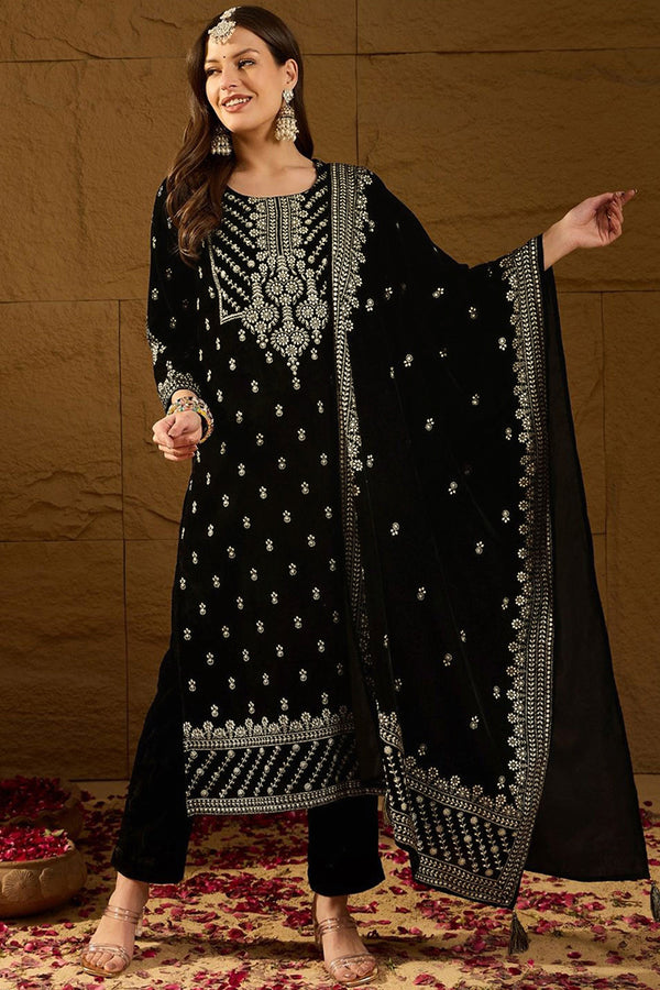 Black Velvet Ethnic Motifs Printed Straight Trousers Suit Set PKSKD2922