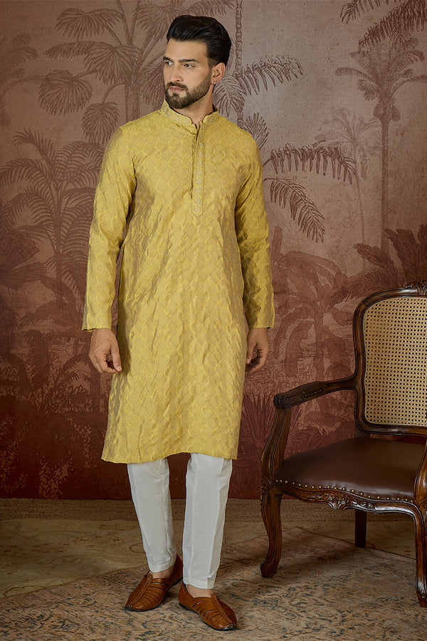 Yellow Jacquard Solid Embroidered Kurta MKU2501
