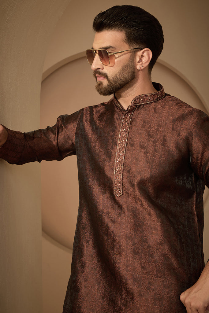 Brown Jacquard Solid Embroidered Mandarin Collar Kurta With Trouser MKSET2752